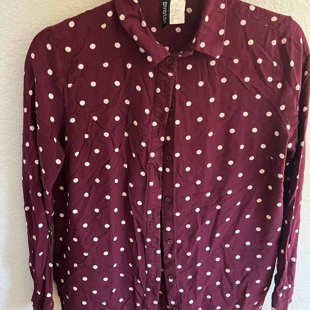 H&M Burgundy Polka Dot Button-Down Shirt
